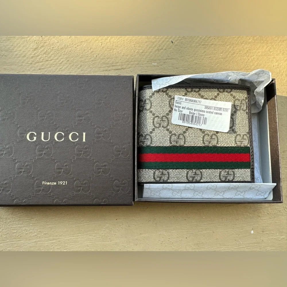 Gucci GG Supreme Canvas Bifold Wallet with Green and Red Web Stripe